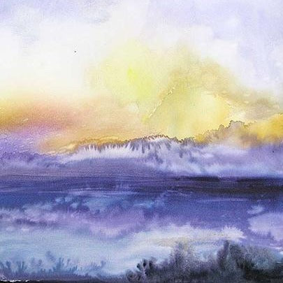 Yellow, purple, blue, and black landscape painting. 